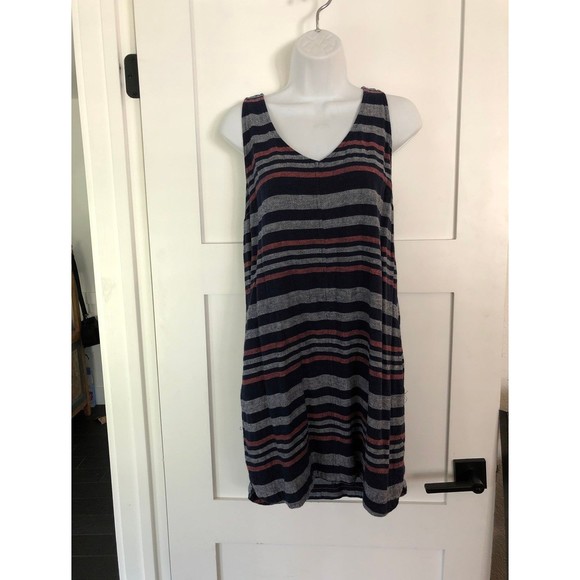 Old Navy Red Blue V Neck Sleeveless Cotton Linen Dress w/ Pockets M - Picture 1 of 4